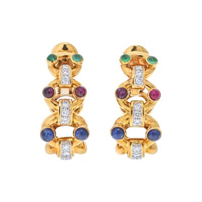 David Webb PLATINUM 18K YELLOW GOLD DIAMOND SAPPHIRE EMERALD AND RUBY HOOP EARRINGS