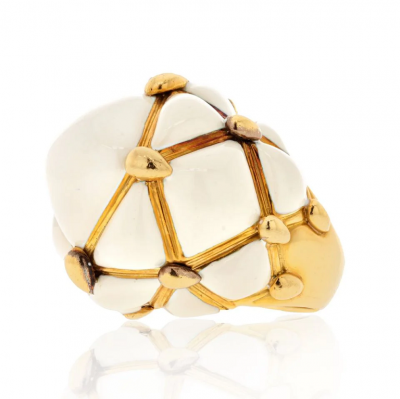 David Webb PLATINUM 18K YELLOW GOLD DOME OFF WHITE ENAMEL CREAM CRISS CROSS COCKTAIL RING