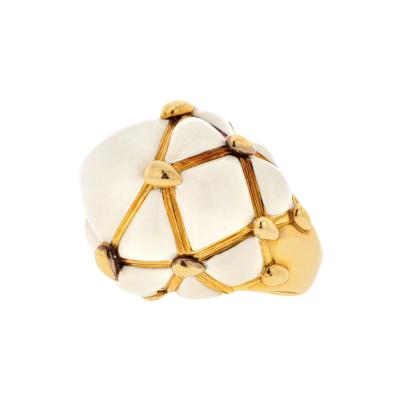 David Webb PLATINUM 18K YELLOW GOLD DOME OFF WHITE ENAMEL CREAM CRISS CROSS COCKTAIL RING