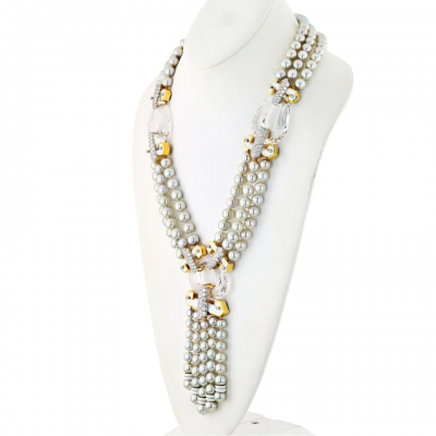 David Webb PLATINUM 18K YELLOW GOLD DUSK PEARL ROCK CRYSTAL DIAMOND WHITE ENAMEL NECKLACE