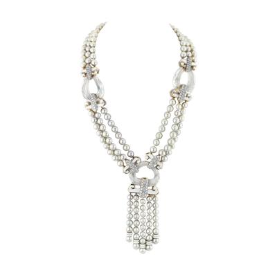David Webb PLATINUM 18K YELLOW GOLD DUSK PEARL ROCK CRYSTAL DIAMOND WHITE ENAMEL NECKLACE