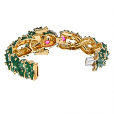 David Webb PLATINUM 18K YELLOW GOLD GREEN ENAMEL DIAMOND AND RUBY FROG BRACELET