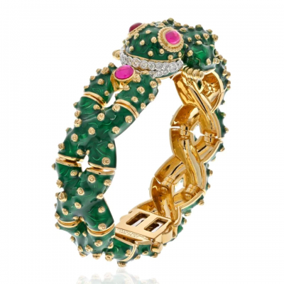 David Webb PLATINUM 18K YELLOW GOLD GREEN ENAMEL DIAMOND AND RUBY FROG BRACELET
