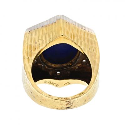 David Webb PLATINUM 18K YELLOW GOLD HAMMERED FINISH CARVED LAPIS AND DIAMOND FRAME RING