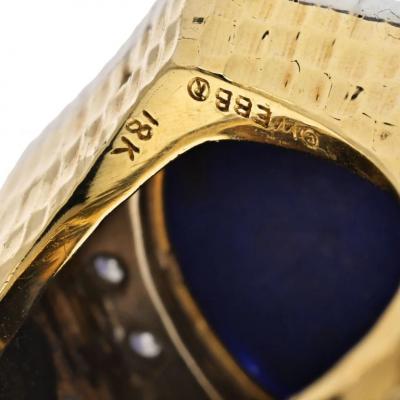 David Webb PLATINUM 18K YELLOW GOLD HAMMERED FINISH CARVED LAPIS AND DIAMOND FRAME RING
