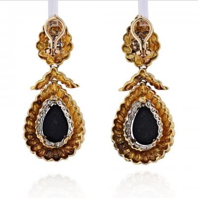 David Webb PLATINUM 18K YELLOW GOLD ONYX AND DIAMOND TEARDROP DANGLE DROP EARRINGS