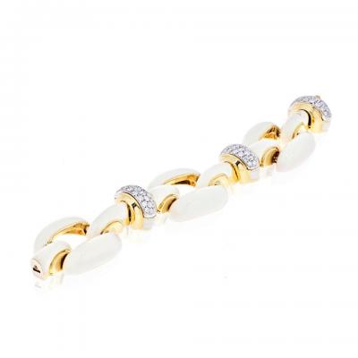 David Webb PLATINUM 18K YELLOW GOLD OPEN LINK WHITE ENAMEL AND DIAMOND BRACELET