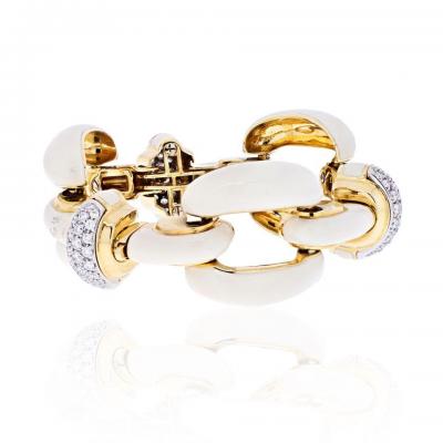 David Webb PLATINUM 18K YELLOW GOLD OPEN LINK WHITE ENAMEL AND DIAMOND BRACELET