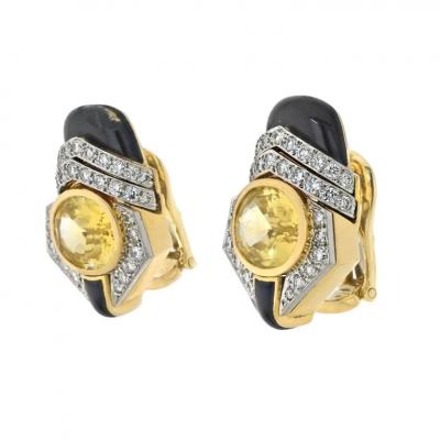 David Webb PLATINUM 18K YELLOW GOLD OVAL CUT YELLOW SAPPHIRE BLACK ENAMEL AND DIAMOND