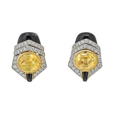 David Webb PLATINUM 18K YELLOW GOLD OVAL CUT YELLOW SAPPHIRE BLACK ENAMEL AND DIAMOND