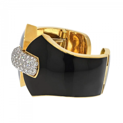 David Webb PLATINUM 18K YELLOW GOLD PRINCESS LILIAN BLACK ENAMEL DIAMOND CUFF BRACELET