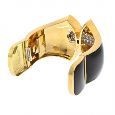 David Webb PLATINUM 18K YELLOW GOLD PRINCESS LILIAN BLACK ENAMEL DIAMOND CUFF BRACELET