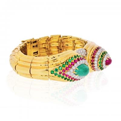 David Webb PLATINUM 18K YELLOW GOLD RAJA TEARS GREEN EMERALDS RUBIES DIAMONDS BRACELET