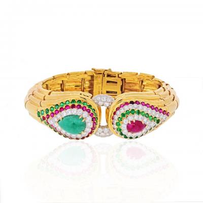 David Webb PLATINUM 18K YELLOW GOLD RAJA TEARS GREEN EMERALDS RUBIES DIAMONDS BRACELET
