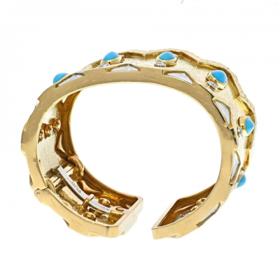 David Webb PLATINUM 18K YELLOW GOLD RICKRACK TURQUOISE DIAMOND WHITE ENAMEL BRACELET