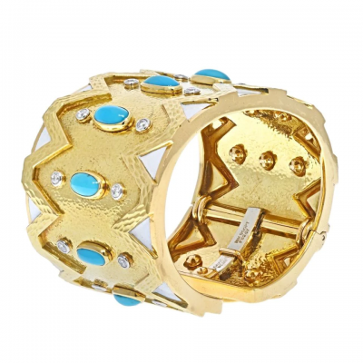 David Webb PLATINUM 18K YELLOW GOLD RICKRACK TURQUOISE DIAMOND WHITE ENAMEL BRACELET