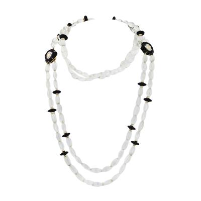 David Webb PLATINUM 18K YELLOW GOLD ROCK CRYSTAL ONYX AND DIAMOND BEAD NECKLACE