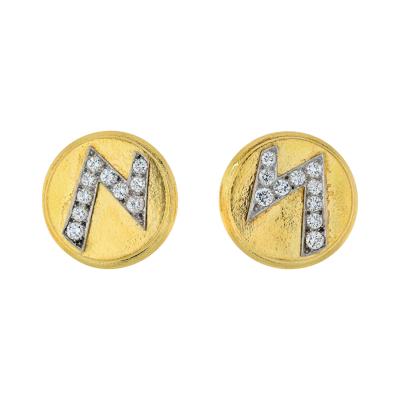 David Webb PLATINUM 18K YELLOW GOLD ROUND DISKS WITH DIAMOND BLOT LIGHTNING EARRINGS