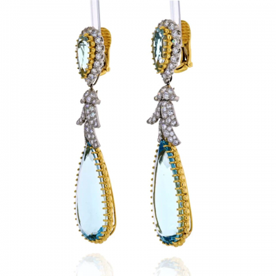David Webb PLATINUM 18K YELLOW GOLD TEARDROP AQUAMARINE AND DIAMOND DANGLING EARRINGS