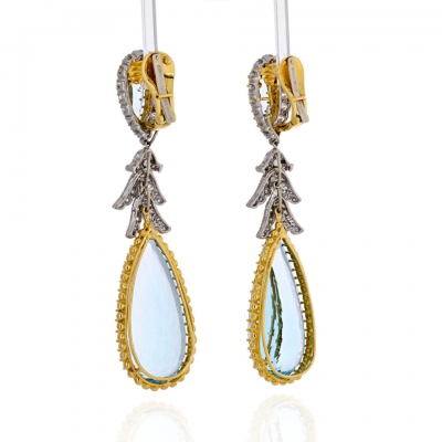 David Webb PLATINUM 18K YELLOW GOLD TEARDROP AQUAMARINE AND DIAMOND DANGLING EARRINGS