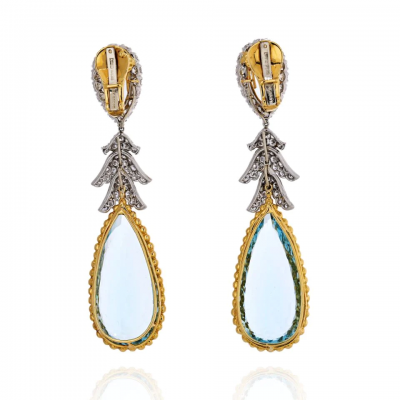David Webb PLATINUM 18K YELLOW GOLD TEARDROP AQUAMARINE AND DIAMOND DANGLING EARRINGS