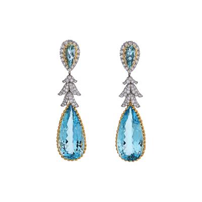 David Webb PLATINUM 18K YELLOW GOLD TEARDROP AQUAMARINE AND DIAMOND DANGLING EARRINGS