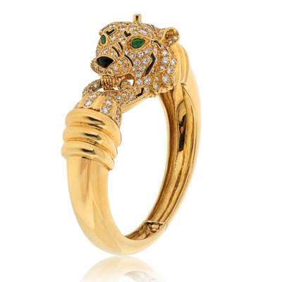 David Webb PLATINUM 18K YELLOW GOLD TIGER DIAMOND AND ENAMEL ANIMAL BANGLE BRACELET