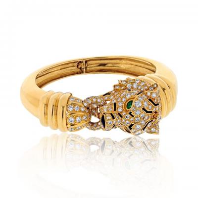 David Webb PLATINUM 18K YELLOW GOLD TIGER DIAMOND AND ENAMEL ANIMAL BANGLE BRACELET