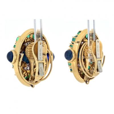 David Webb PLATINUM 18K YELLOW GOLD TURQUOISE EMERALD AND DIAMOND CLIP EARRINGS
