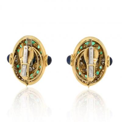 David Webb PLATINUM 18K YELLOW GOLD TURQUOISE EMERALD AND DIAMOND CLIP EARRINGS