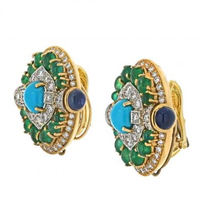 David Webb PLATINUM 18K YELLOW GOLD TURQUOISE EMERALD AND DIAMOND CLIP EARRINGS