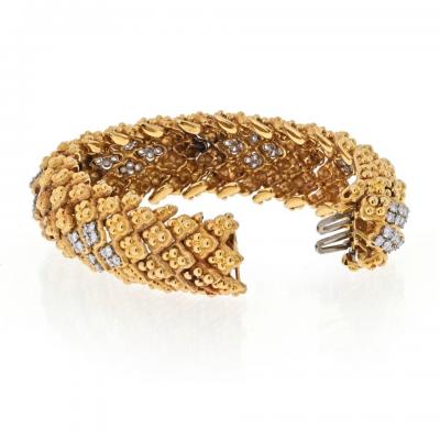 David Webb PLATINUM 18K YELLOW GOLD WARTY TEXTURED DIAMOND SECTIONS WIDE BRACELET