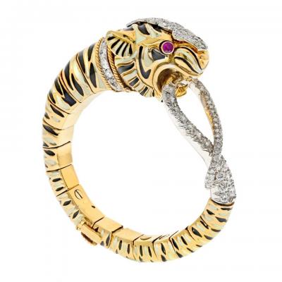 David Webb PLATINUM 18K YELLOW GOLD WHITE AND BLACK ENAMEL TIGER DIAMOND BRACELET