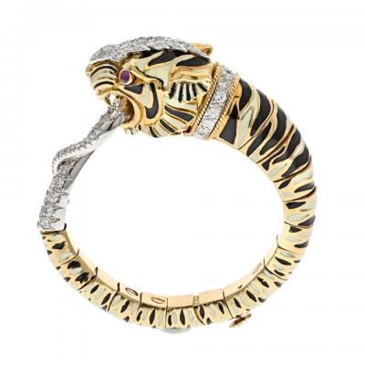 David Webb PLATINUM 18K YELLOW GOLD WHITE AND BLACK ENAMEL TIGER DIAMOND BRACELET