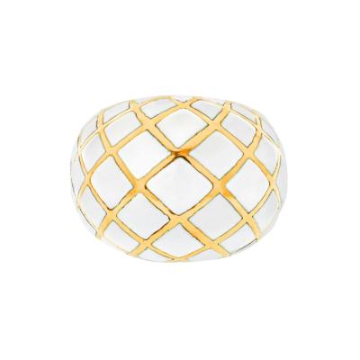 David Webb PLATINUM 18K YELLOW GOLD WHITE ENAMEL CHECKERBOARD PATTERN BOMBE RING