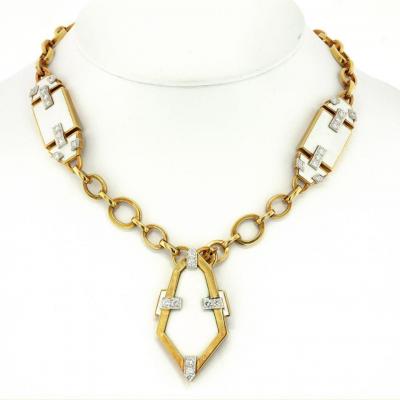 David Webb PLATINUM 18K YELLOW GOLD WHITE ENAMEL GEOMETRIC PENDANT CHAIN NECKLACE