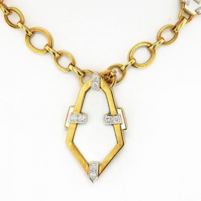 David Webb PLATINUM 18K YELLOW GOLD WHITE ENAMEL GEOMETRIC PENDANT CHAIN NECKLACE