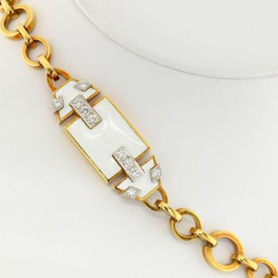 David Webb PLATINUM 18K YELLOW GOLD WHITE ENAMEL GEOMETRIC PENDANT CHAIN NECKLACE