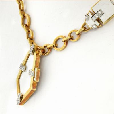 David Webb PLATINUM 18K YELLOW GOLD WHITE ENAMEL GEOMETRIC PENDANT CHAIN NECKLACE