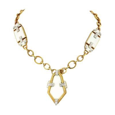 David Webb PLATINUM 18K YELLOW GOLD WHITE ENAMEL GEOMETRIC PENDANT CHAIN NECKLACE