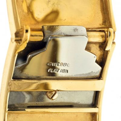 David Webb PLATINUM 18K YELLOW GOLD WHITE ENAMEL SHIELD DIAMOND CLIPS CUFF BRACELET