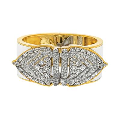 David Webb PLATINUM 18K YELLOW GOLD WHITE ENAMEL SHIELD DIAMOND CLIPS CUFF BRACELET
