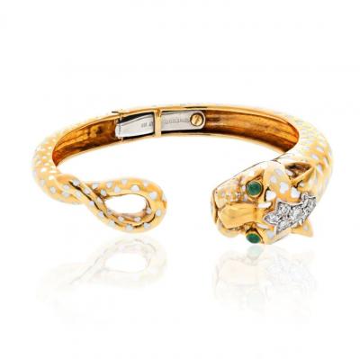 David Webb PLATINUM 18K YELLOW GOLD WHITE SPOTTED PANTHERE CUFF BANGLE BRACELET