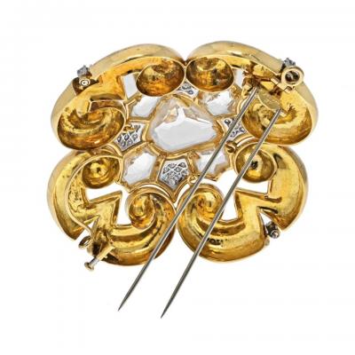 David Webb PLATINUM 18K YG ROCK CRYSTAL LARGE MALTESE CROSS SCROLL PENDANT BROOCH