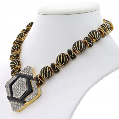 David Webb Platinum 18K YG Manhattan Minimalism Onyx Diamond Black Enamel Necklace