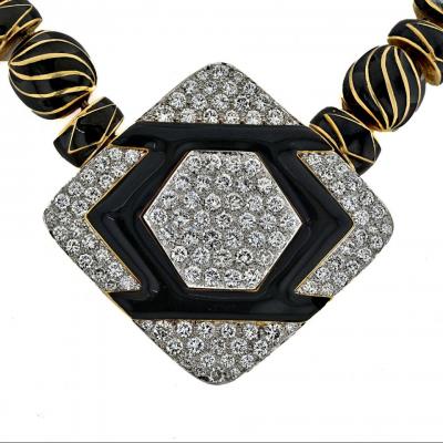 David Webb Platinum 18K YG Manhattan Minimalism Onyx Diamond Black Enamel Necklace