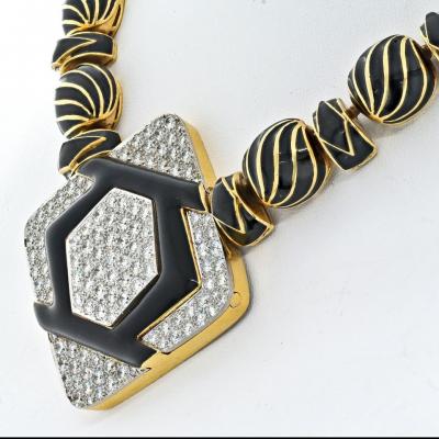 David Webb Platinum 18K YG Manhattan Minimalism Onyx Diamond Black Enamel Necklace