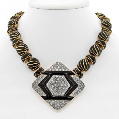 David Webb Platinum 18K YG Manhattan Minimalism Onyx Diamond Black Enamel Necklace