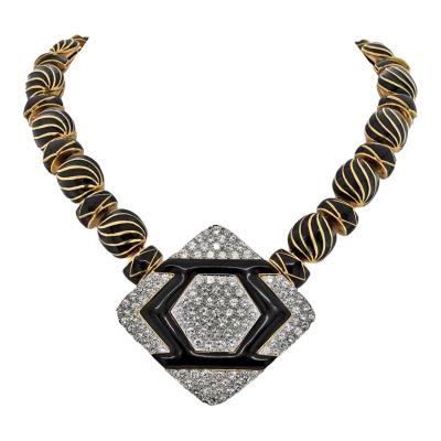 David Webb Platinum 18K YG Manhattan Minimalism Onyx Diamond Black Enamel Necklace
