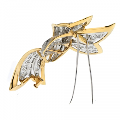 David Webb Platinum 18K Yellow Gold 10 00cttw Round And Baguette Cut Ribbon Brooch